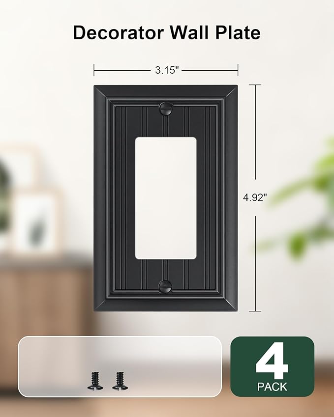4-Pack Classic Beadboard Decorator Wall Plate Cover, Black Decorative Switch Plates and Outlet Covers, Durable Natural Bamboo Fiber Wall Plates for Electrical Outlets, Receptacle, GFCI Outlet