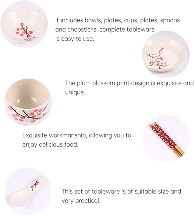 Hemoton Japanese Tableware Set for Single Person - 7-Piece Ceramic Dinnerware with Bowl Plate Cup Spoon and Chopsticks Floral Design Practical Household Tableware 7.08X7.08X1.18 Inches