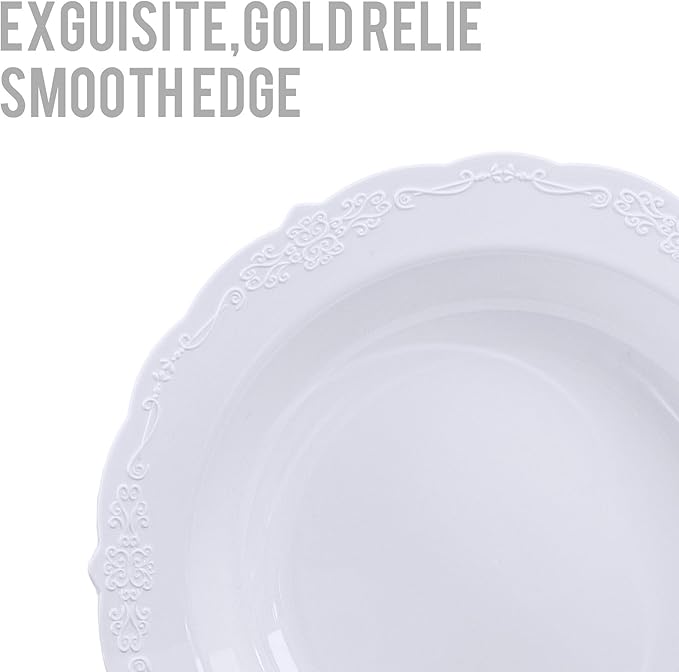 DaYammi 50 Pack White Plastic Bowls, 12oz Disposable Soup Bowls, White bowls Disposable Heavy Duty Dinner Bowls for Weddings, Salad Bowl for Parties, Dinners, Catering and Everyday Use