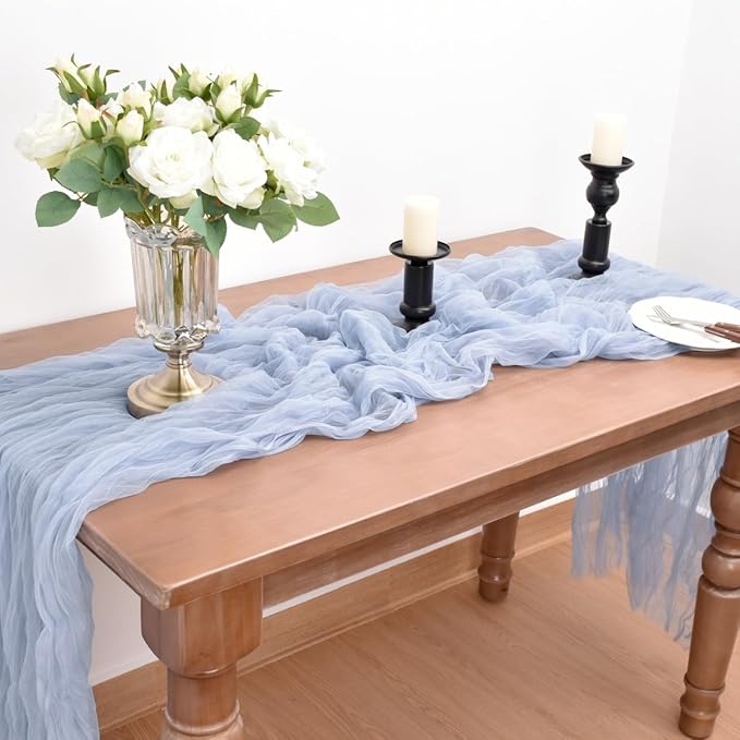 Joanlody Blue Cheesecloth Table Runner Fall Thanksgiving 10Ft Rustic Gauze Boho Cheese Cloth Table Runner for Wedding Bridal Baby Shower Decoration 6 Pack