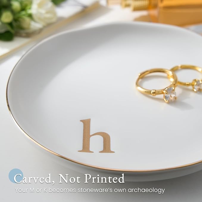 Lolalet Handmade Ceramic Ring Dish Jewelry Tray Plate with Initial, Small Monogram Gift for Her Women Girls Mother, Hostess, Engagement, Bridal Shower, Maid of Honor, Bridesmaid, Birthday, Christmas