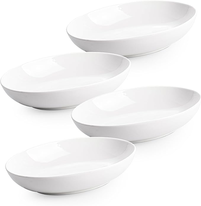 8.6" Oval Serving Bowls, 24 oz Small Oval Bowl for food, Side Dishes, Salad, Pasta, Snacks, Fruit, White Ceramic Serving Dish, Set of 4