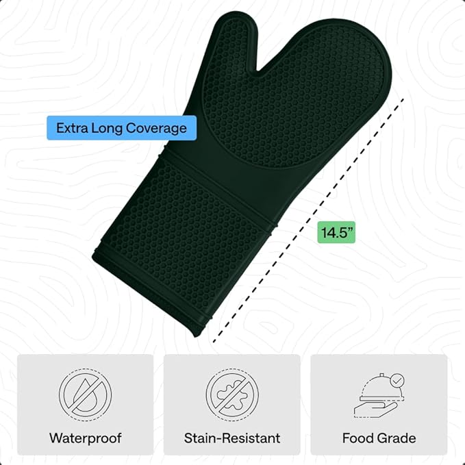 GORILLA GRIP BPA-Free Soft Silicone Oven Mitts, 14.5x8.3, Heat Resistant and Waterproof Cooking Gloves, Thick Cotton Lining, Flexible Gripping for Baking Grilling, Kitchen Potholders Set, Hunter Green