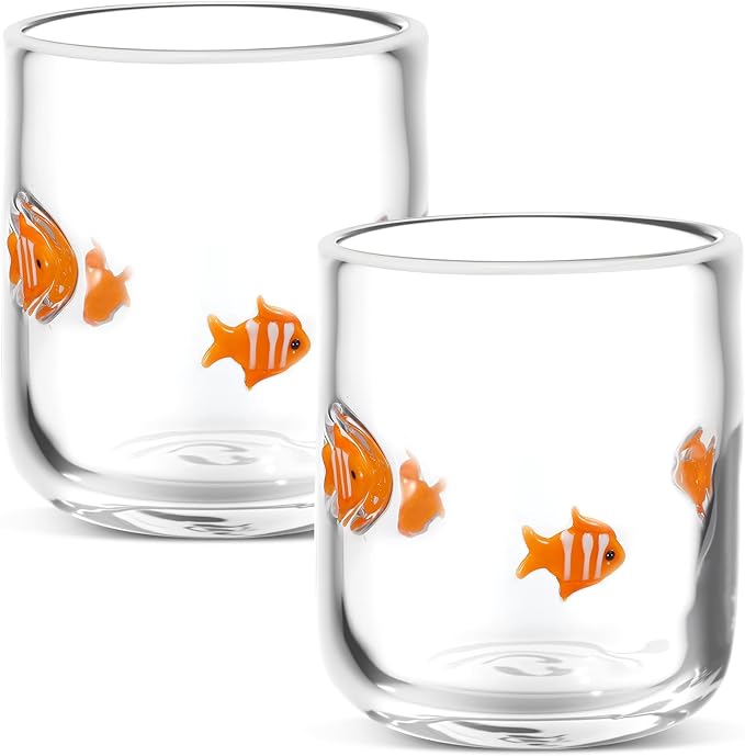 Icon Juice Glasses, 14oz Stemless Wine Drinking Juice Glass Cup for Valentine Party Supplies Gift(2 Pcs,Clownfish)