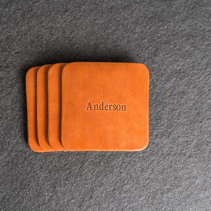 Ox & Pine Personalized Leather Coaster - Sold Individually or in Sets of 4 - Customize Inscription - 100% Full-Grain Leather – 4" Round or 4" Square (Square, Sienna, Set of 4 Coasters)