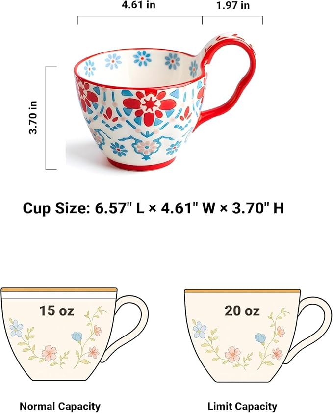 25oz Ceramic Soup Bowl with Handle – Handcrafted Floral Pottery Cereal & Ramen Bowl – Large Microwave & Dishwasher Safe Decorative Bowl for Everyday Use or Gift (Crimson Frost, 20oz)