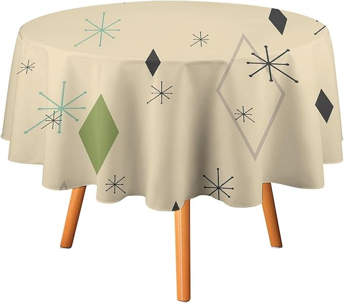 Colorful Middle Century Round Tablecloth, Vintage Bohemian Mid Century Modern Retro Print Tablecloth for Home Party Dining Room Kitchen Decor 70Inch(178cm)