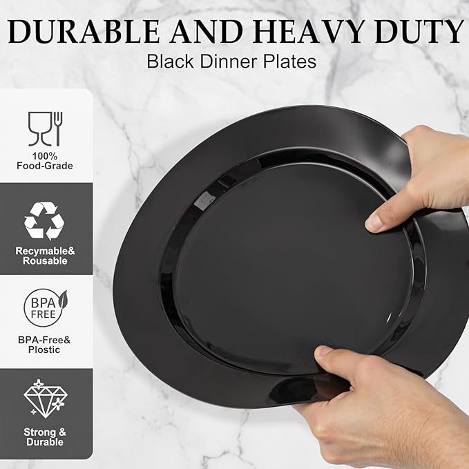 FLOWERCAT 200PCS Black Plastic Disposable Plates for Party - Black Plastic Plates - Serve for 100 Guests for New Year Parties and Birthday Events