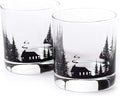 Black Lantern Cabin in the Forest Whiskey Glass Set – 11oz Old Fashioned Rocks Tumblers with Cabin & Pine Tree Design | Hand-Printed Heavy-Base Barware for Bourbon, Scotch & Cocktails (Set of 2)