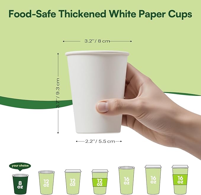 White Paper Cups 8 oz Disposable Coffee Cups, 300 Pack BPA Free Hot Cups, 300GSM Thickened White Disposable Cups, Bulk Small Drink Cups for Everyday Office Coffee Bar Supply Party Essentials