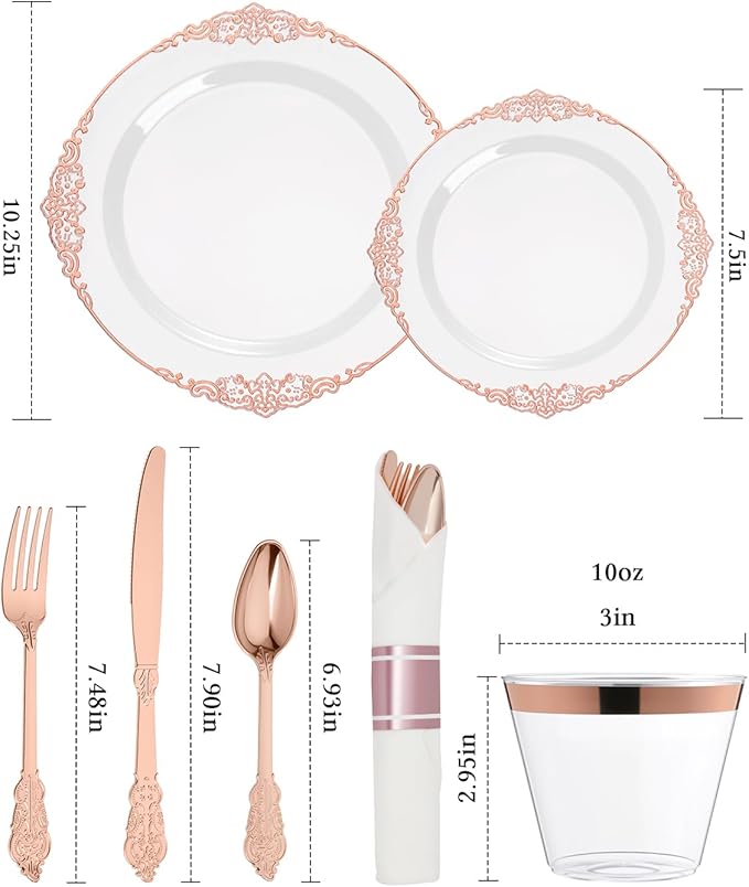 Goodluck 350 Piece Rose Gold Plastic Dinnerware Set for 50 Guests,Fancy Disposable Plates,Include: 100 Rose Gold Rim Plastic Plates,150 Silverwares,50 Pre Rolled Napkins,50 Cups for Party,Wedding