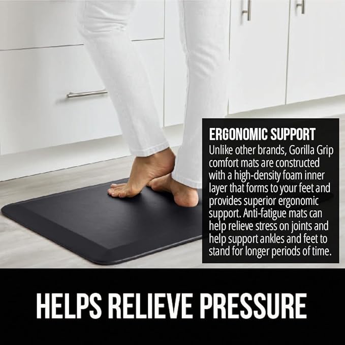 GORILLA GRIP Comfortable Cushioned Kitchen Mats for Floor, 3/4 Inch Thick Ergonomic Standing Desk Anti Fatigue Mat, Waterproof and Stain Resistant Pebbled Top, Supportive Padded Foam Rug, 20x32, Black