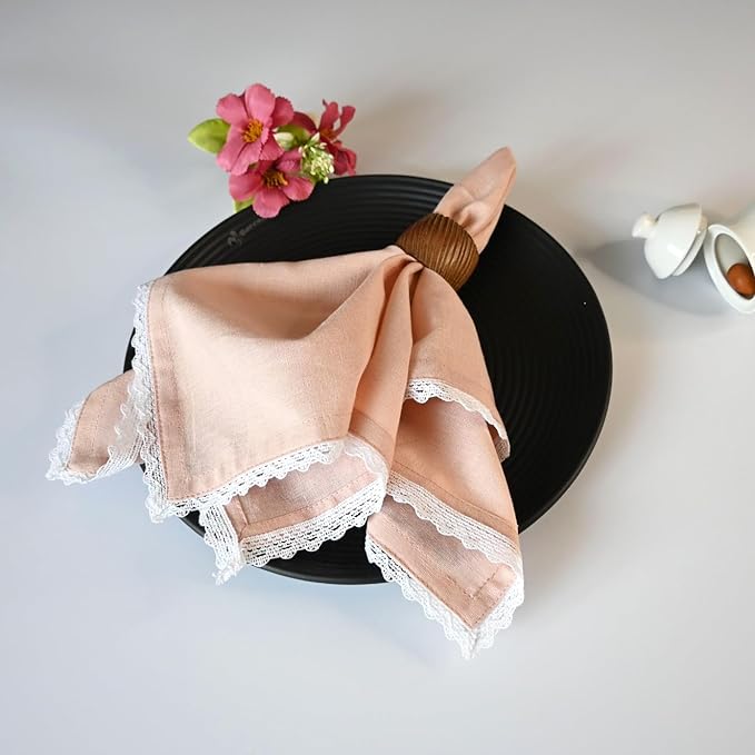Fingercraft Dinner Cloth Napkin Cotton Linen Set of 12 Mitered Corners with Natural Elegant Lace for Everyday Use Napkins are Pre Shrunk and Good Absorbency with Lace 20x20 in Dusty Pink