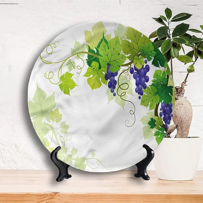 Decorative Plates, Vine Print Ornament, Grapes with Fresh Foliage, 10 Inch, Kitchen Wall Decor, Multicolor
