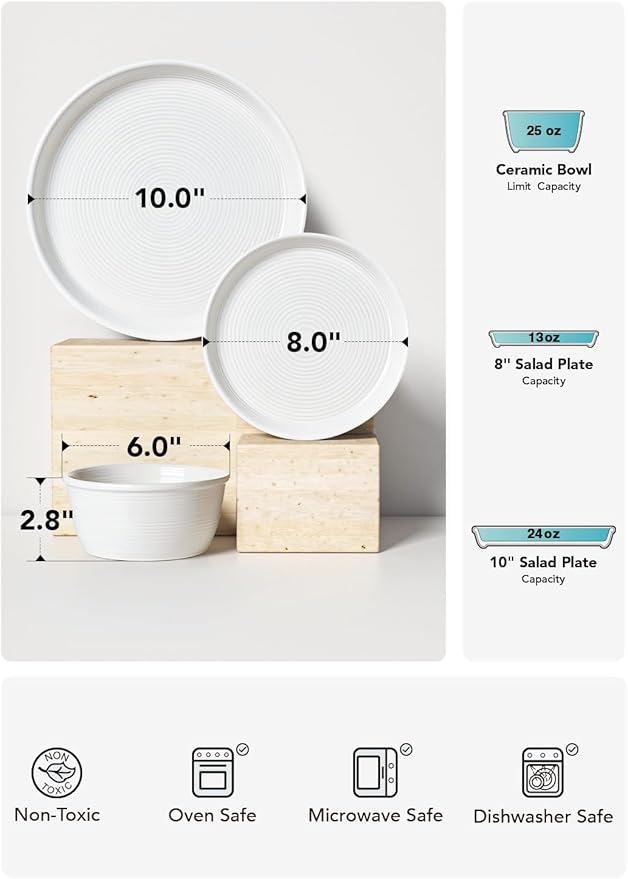 LE TAUCI Ceramic Plates and Bowls Set for 4, 12-Piece Ceramic Dinnerware Set, Farmhouse Dishes Set, Microwave & Dishwasher Safe, Stackable, 10" Dinner+8" Salad Plates+6" Bowls, White