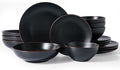 Famiware Venus Speckled Dinnerware Set with Pasta Bowls, Service for 4 (16 Pieces), Stoneware Plates and Double Bowls Sets, Microwave & Dishwasher-Safe Dishes with Trim, Matte Black
