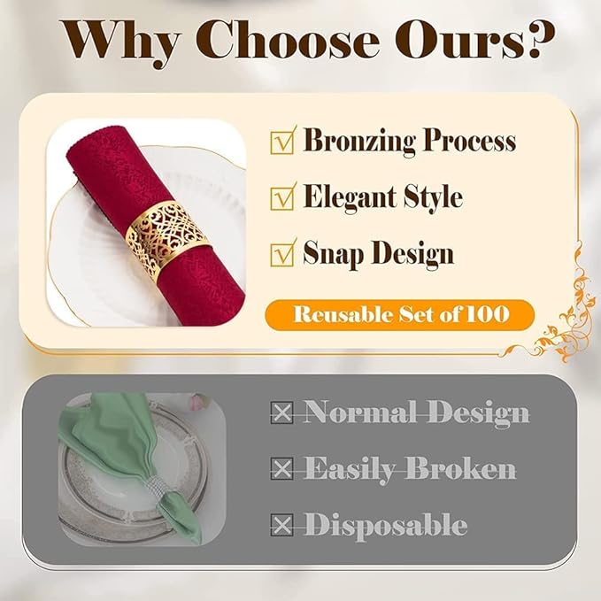 100 Pcs Napkin Rings Laser Cut Premium Paper Napkin Holder for Wedding Party Christmas Dinner Serviette Table Restaurant Celebration (Gold)
