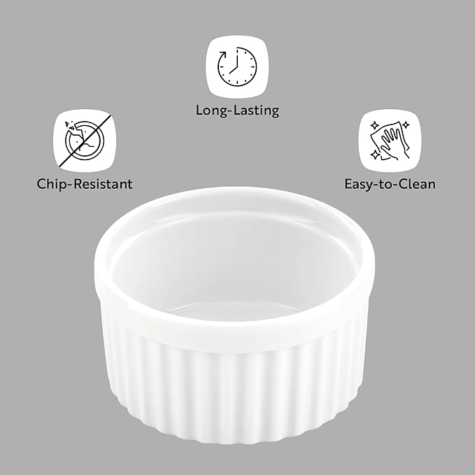 Restaurantware 5 Ounce Ramekin Bowls 10 Round Baking Ramekins - Microwave-Safe Oven-Safe White Porcelain Souffle Bowls Chip-Resistant For Appetizers Or Desserts