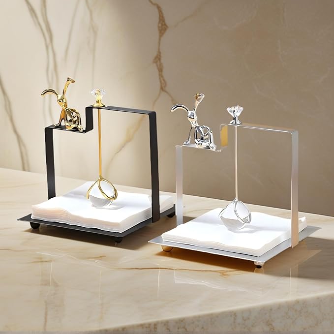 Bunny Napkin Holder for Tabletop, Decorative Square Plastic Rabbit Paper Towel Dispenser - Compact for Kitchen Counter, Home Bar, Farmhouse & Restaurant Table Decor (Silver)
