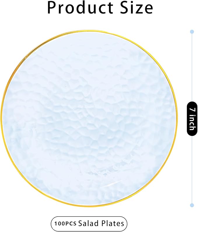Rubtlamp 100 Pcs Clear Blue Gold Plastic Plates, Clear Hammered Plastic Plates, Blue Party Platos, Disposable Salad/Dessert Platos, 7-Inch Disposable Dessert/Appetizer Platos Perfect For Party