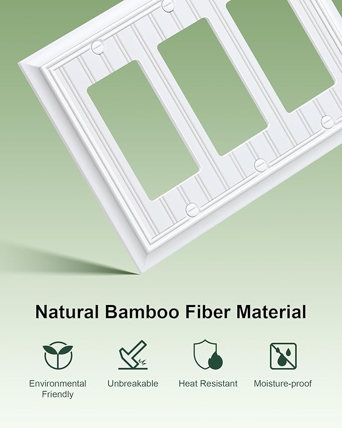 2-Pack Classic Beadboard Decorative Tripple Decorator Outlet Cover Plate, Durable Natural Bamboo Fiber Pure White Wall Plates for Electrical Outlets, Receptacle, GFCI Outlet, Dimmer Switch, 3-Gang
