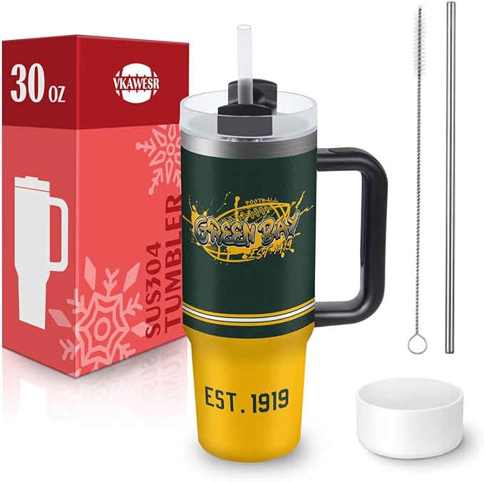 Green 30 oz Tumbler with Handle and Straw,Car cup,Coffee Mug,100% Leakproof Insulated Tumbler with Lid and Straw,Made of Stainless Steel,Cup Holder Friendly Base,Classic Collection Gifts for Fans