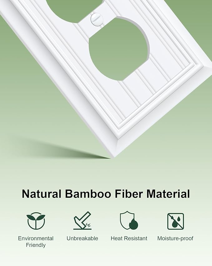 2-Pack Classic Beadboard Duplex Outlet Cover Plate, Decorative Pure White Switch Plates and Outlet Covers, Natural Bamboo Fiber Wall Plates for Electrical Outlets, 1 Gang Receptacle Cover