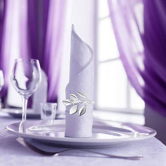 Hotop 300 Pcs Leaf Napkin Rings Set Silver Metal Napkins Rings Holders Bulk Glossy Table Adornment for Vintage Wedding Bridal Thanksgiving Christmas Holidays Fall Dinner Party Decoration Favors