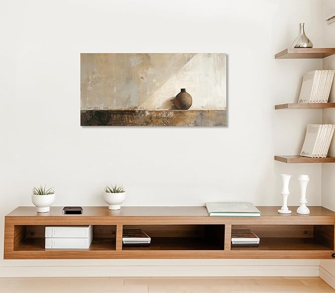 ADJUVANT Wall Art Minimalist Neutral Vase Painting 40" L x 20" W, Earth Tone Canvas Artwork Prints Simple Pottery Pictures Contemporary Rustic Wall Decor for Living Room Bedroom