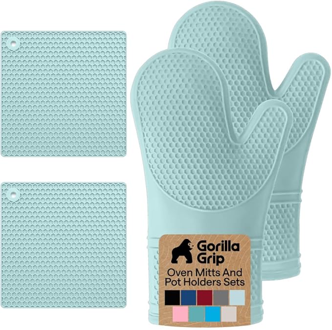 GORILLA GRIP BPA-Free Soft Silicone Oven Mitts and Pot Holders Sets of 4, Heat Resistant Waterproof Cooking Gloves, Thick Cotton Lining, Flexible Gripping for Baking Grilling, Kitchen Trivets, Mint