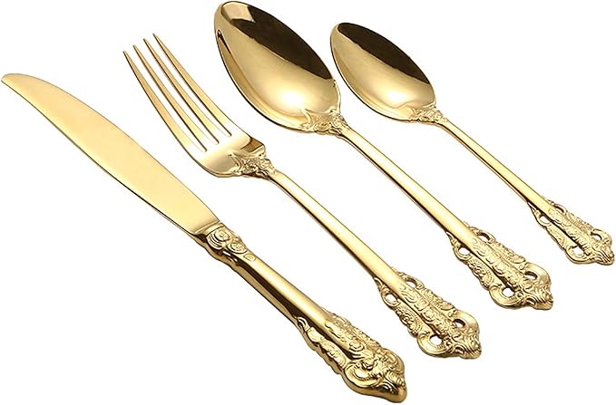 Gold Silverware Set 18/10 Stainless Steel Flatware Sets Palace Style 24 Piece Delicate Cutlery Set for 6 Durable Home Kitchen Wedding Tableware Utensil Include Knifes Teaspoons Forks and Spoons