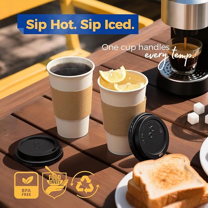 Fit Meal Prep 50 Pack 16 oz Disposable Coffee Cups with Lids, Sleeves, Leak-Proof To Go Coffee Cups with Lids, Durable Paper Cups for Hot Beverage, Home, Office, Party