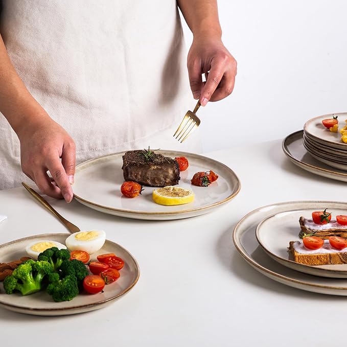 AmorArc Ceramic Dinner Plates Set of 6, 10.5 Inch Handmade Reactive Glaze Stoneware Plates, Rustic Shape Dinnerware Dish Set for Kitchen, Microwave & Dishwasher Safe, Scratch Resistant-Cappuccino