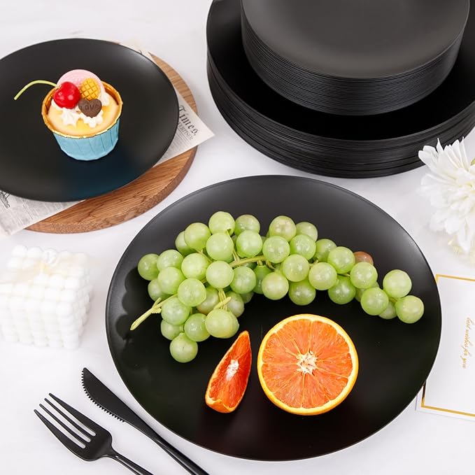 EI 150pcs Black Plastic Plates Frosted Plastic Plate,Premium Heavy Duty Black Plastic Plates,Black Disposable Plates with Plastic Silverware,10.25" Dinner Plates and 7.5" Dessert Plate Wedding Party