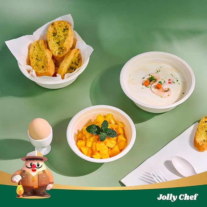 JOLLY CHEF Compostable Disposable Paper Bowl [16 oz] Heavy Duty Soup Containers [150 Pack] Biodegradable Bagasse Hot Cold Food Eco-Friendly Sugarcane Microwavable Bowls for Salad Milk Thanksgiving Day