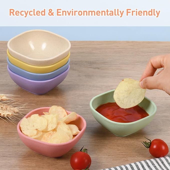 12 Pack Small Bowls, 4.5 OZ Assorted Colors Dipping Sauce Cups, Wheat Straw,Unbreakable,Plastic Prep for Side Dishes, Dessert, Snacks