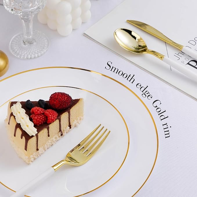 100 PCS Gold and White Plastic Plates, 7 inch White Disposable Plates for Party, Plastic Dessert/Salad Plates