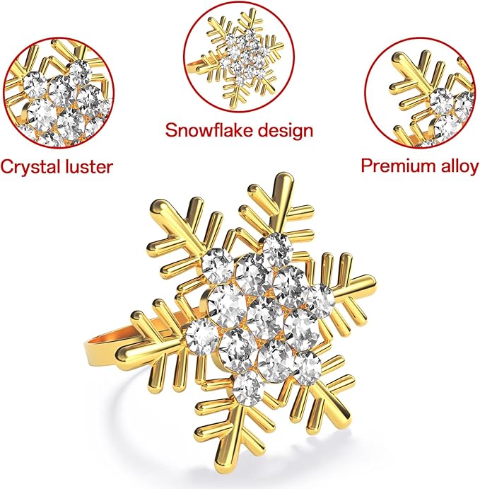 ZeeDix Christmas Gold Snowflake Napkin Rings Set of 12, Napkins Ring for Dinning Table - Rustic Dinner Tables Decoration for Wedding Receptions Christmas Thanksgiving Holiday Party Dinner Parties