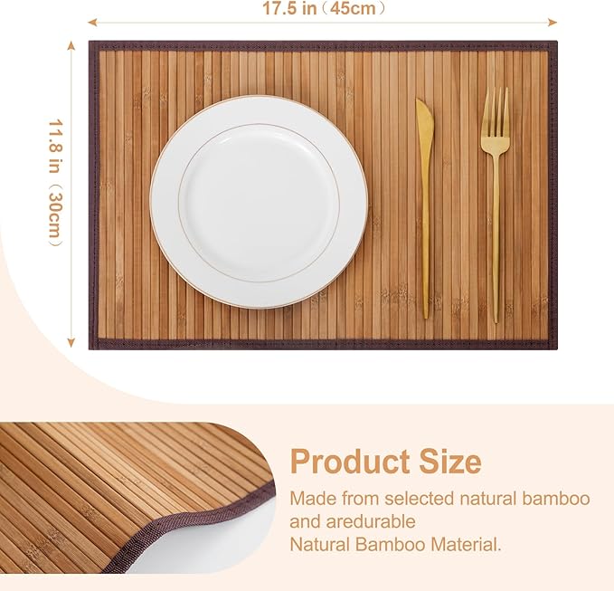 Bamboo Placemats with Fabric Border Set of 4 Natural Bamboo Rectangular Rolling Table Mats for Dining Kitchen Table Heat Resistant Table Protection Light Brown