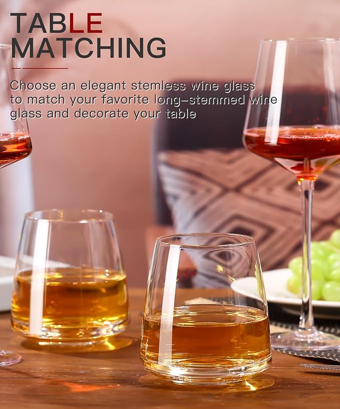 Stemless Wine Glasses Set of 6-15oz【Hand-Blown】 Durable Red White Wine Glasses,Unique Crystal Gifts for Him/Her for Wedding, Birthday，Engagement,Valentine's Day
