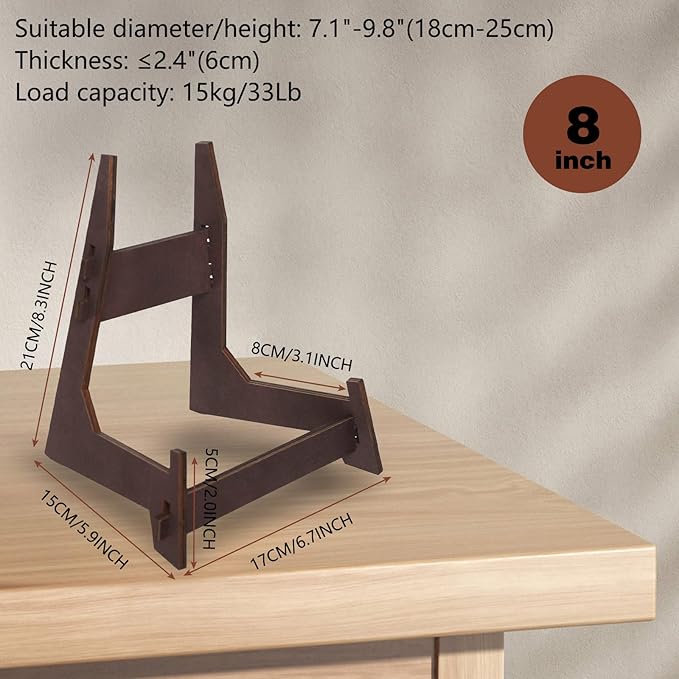 8 Inch Wooden Plate Holder Display Stands - Frame Holder for Book, Picture, Plaque, Decorative Plate, Photo and Platter, Tabletop Art (2 Pack)