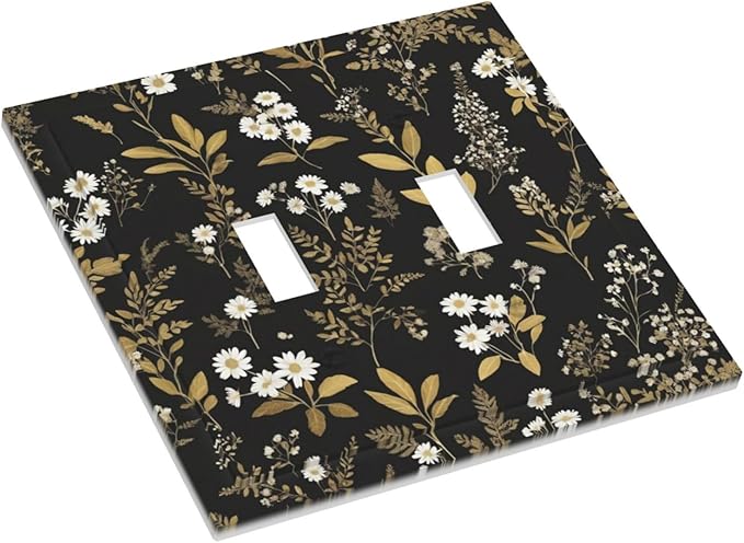 Decorative Light Switch Cover Black/Gold Boho Botanical Floral Rustic Flowers 2 Gang Wall Plate Double Toggle Switch Plate Receptacle Electrical Outlet Cover Switchplate for Bathroom Kitchen（2 Pack）