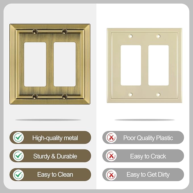 Metal Wall Plate for Electrical Outlets, Decorative Antique Brass Switch Plates Outlet Cover, Light Switch Cover Plate, 2-Gang Wall Plates (Double Decorator, 2 Pack)