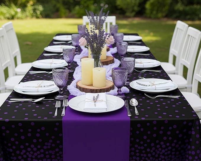 Oudain 6 Pcs Purple and Black Tablecloth for Parties Plastic Dot Tablecloths Printed Table Runner Waterproof Disposable Rectangle Table Cover for Christmas Birthday Wedding Party, 54" x 108"