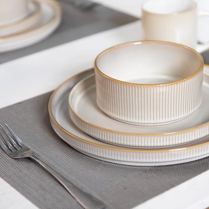 Romswi Stoneware Dinnerware Set for 4, 16Pcs Plates and Bowls Sets with Mugs, Chip & Scratch Resistant Dish Set, Handmade Reactive Glaze Plate Set, Oven,Microwave and Dishwasher Safe, Cappuccino White