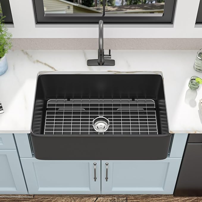 33"x20" Black Farmhouse Sink – Flat Apron Front Matte Black Porcelain Ceramic Fireclay Deep Single Bowl Farm Kitchen Sink Basin