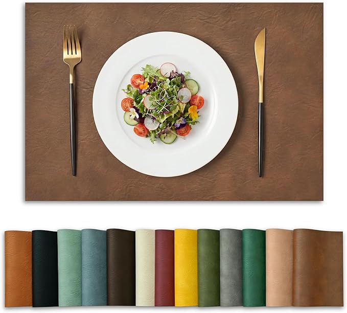 Artoid Mode Brown Faux Leather Placemats Set of 6, 12x18 Inch Waterproof Wipeable Heat Resistant Vinyl Place Mats, Reversible Table Mats for Kitchen Dining Decor