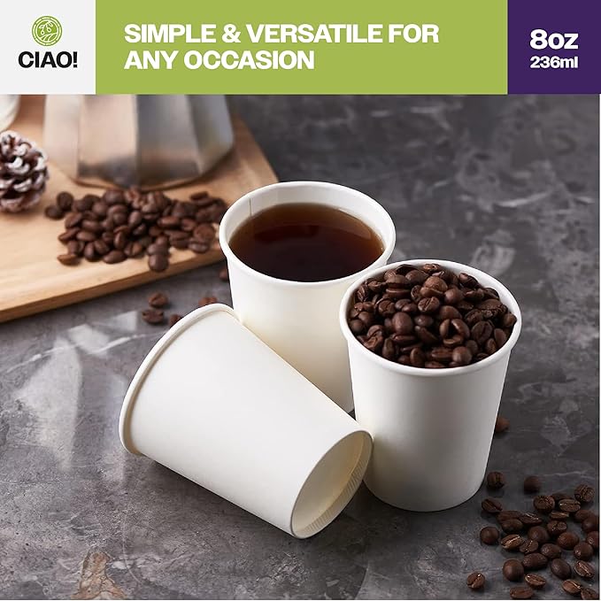 CIAO! 8oz White Paper Hot Cup, Disposable, 80mm Diameter 1,000 Count