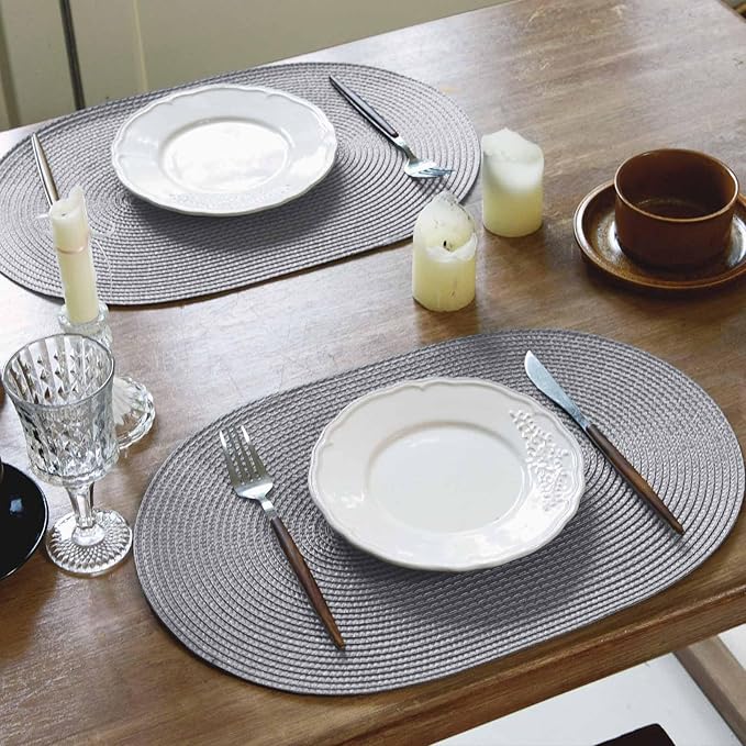 FunWheat Oval Braided Placemats Set of 4 Table Mats for Dining Tables Washable Heat Resistant Place Mats for Indoor Outdoor Use 12 x18 Inch(Oval Light Grey, 4pcs)