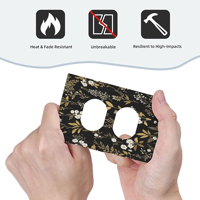 Outlet Covers Black/Gold Boho Botanical Floral Rustic Flowers 1 Gang Duplex Light Switch Cover Plate Decorative Wall Plates Electrical Switchplate Receptacle for Bathroom Kitchen Decor（2 Pack）